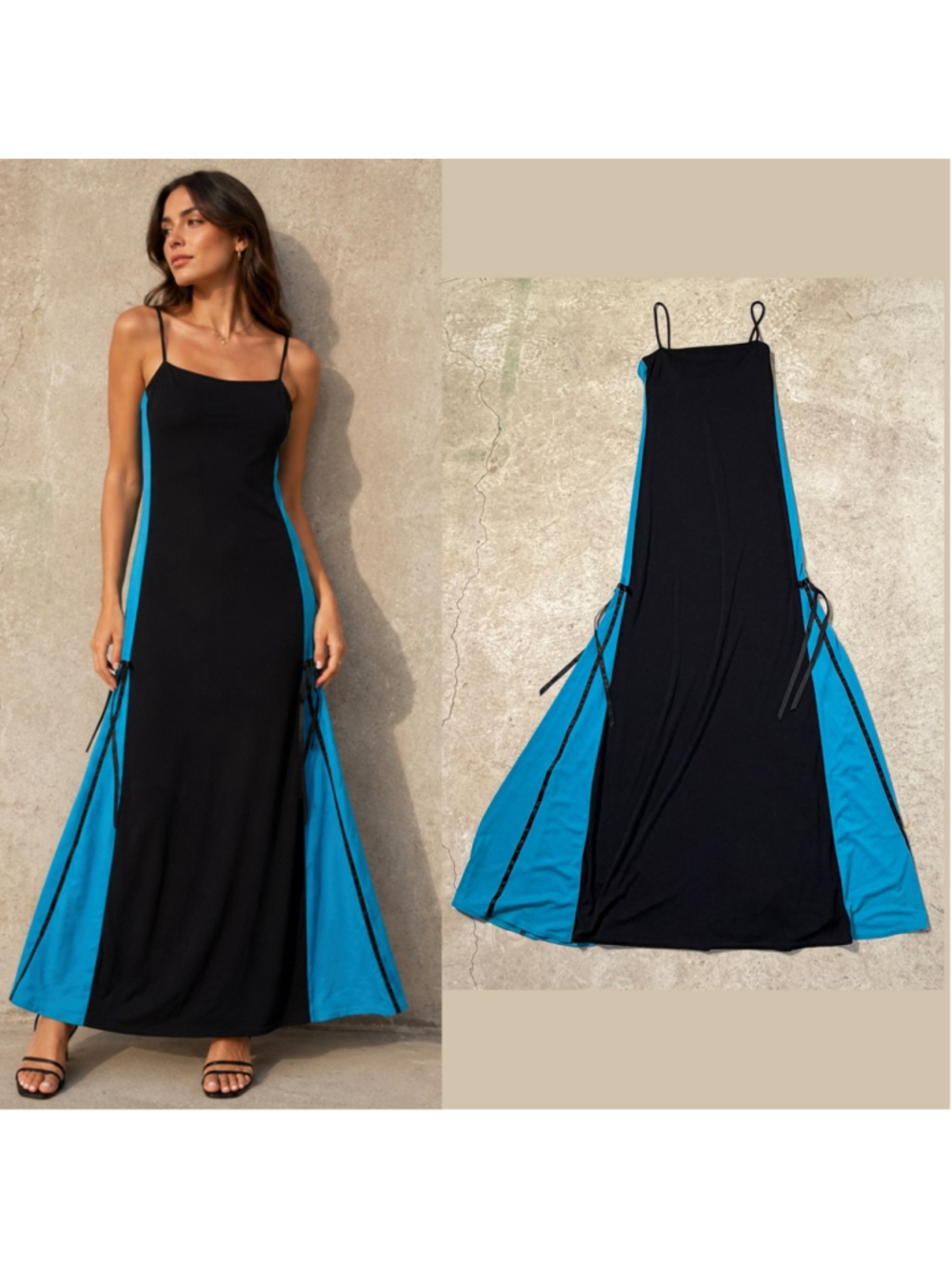Vintage City Triangles Black Blue Maxi Dress Women’s Medium Spaghetti Strap